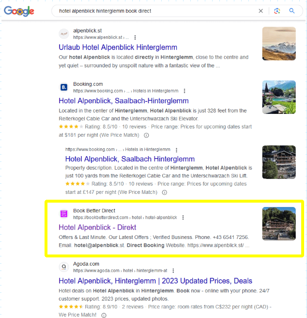 Extra website for Hotel on Google search to double visibility.