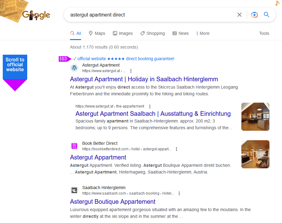 Extra web page on Google search for our Apartment Astergut