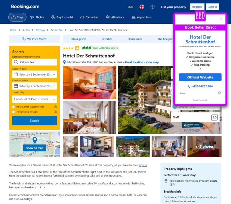 pop-up on bookin.com showing 4-star hotel in directlz located in Zell am See