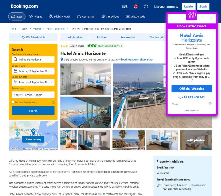 example hotel on malljorca on booking with pop up showing direct booking advantages