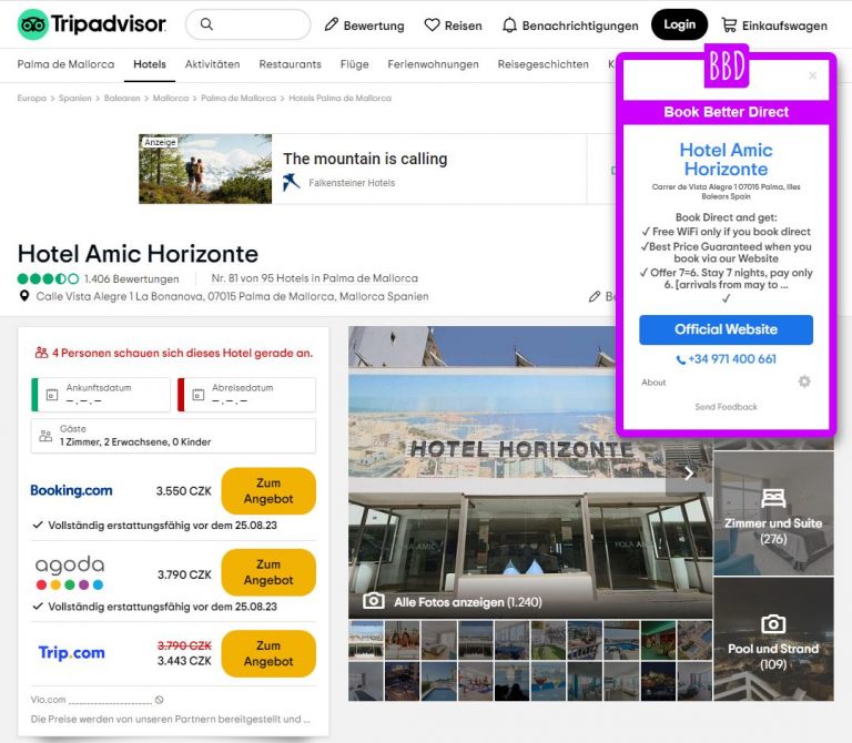 example hotel in mallorca on tripadvisor showin pop up with direct booking link