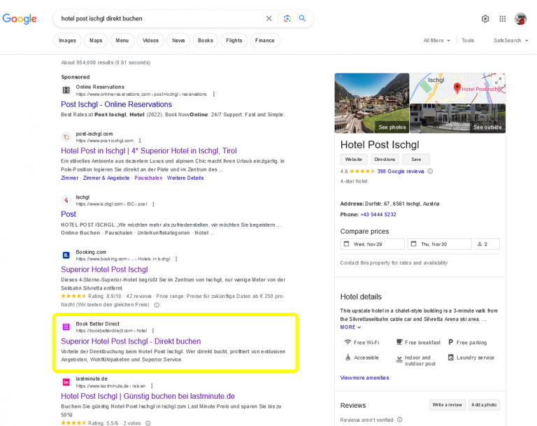 Screenshot von Hotel Post Ischgl Book Better Direct Website Ranking auf Google's erste Seite