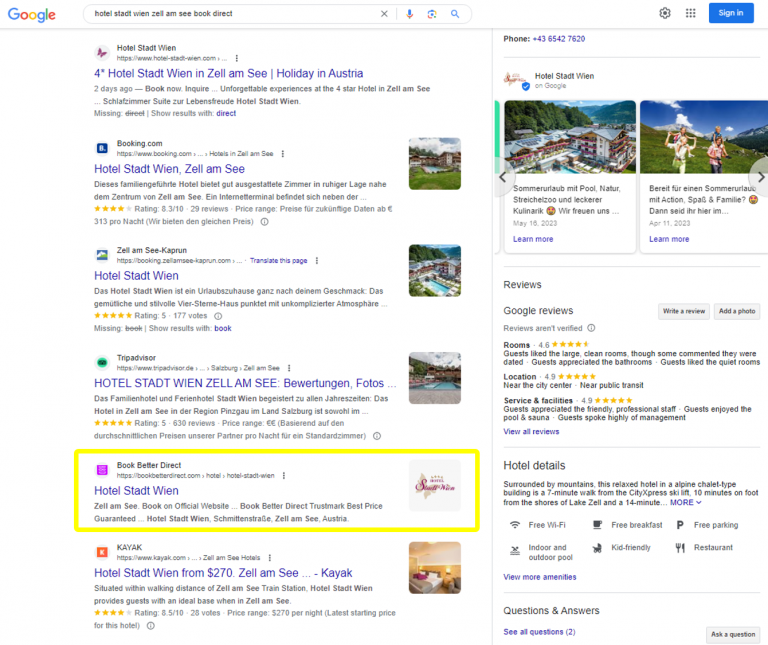 A 4-star-hotel member of BookBetterDirect represented on the first page of google.