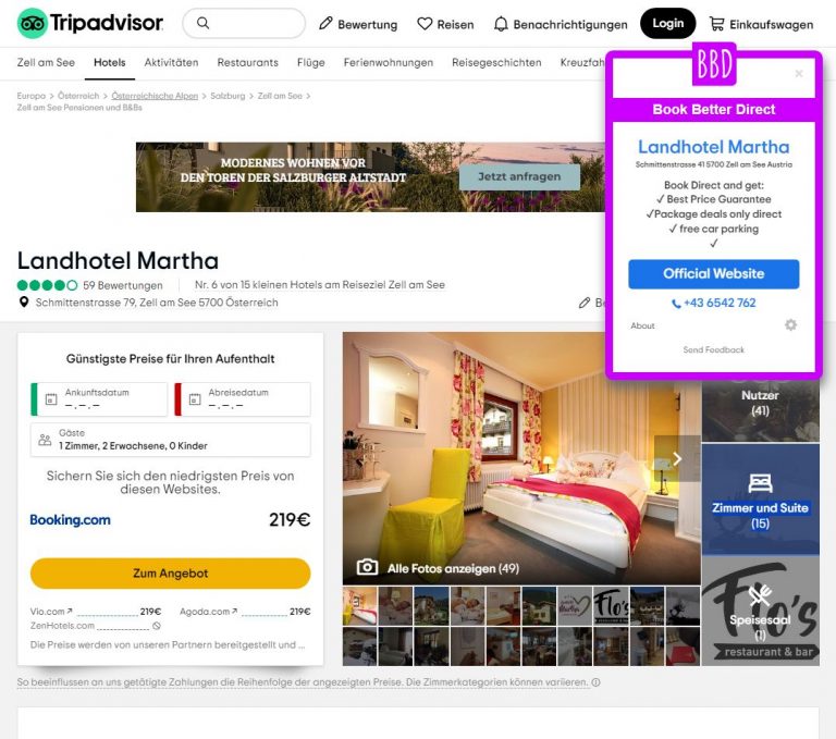 popup on tripadvisor showin boutique hotel in zell am see